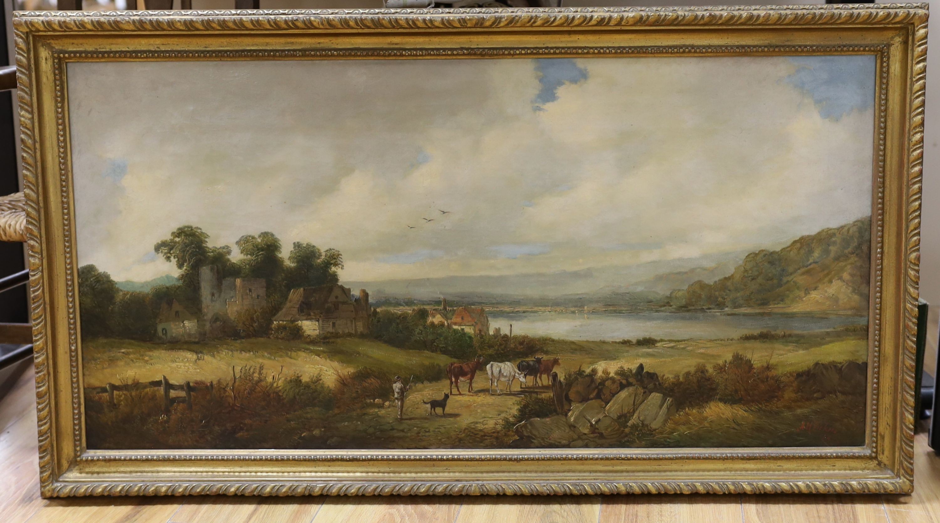 Alfred H. Vickers (1853-1907), oil on canvas, Cattle drover in an extensive landscape, signed and dated 1879, 45 x 90cm
